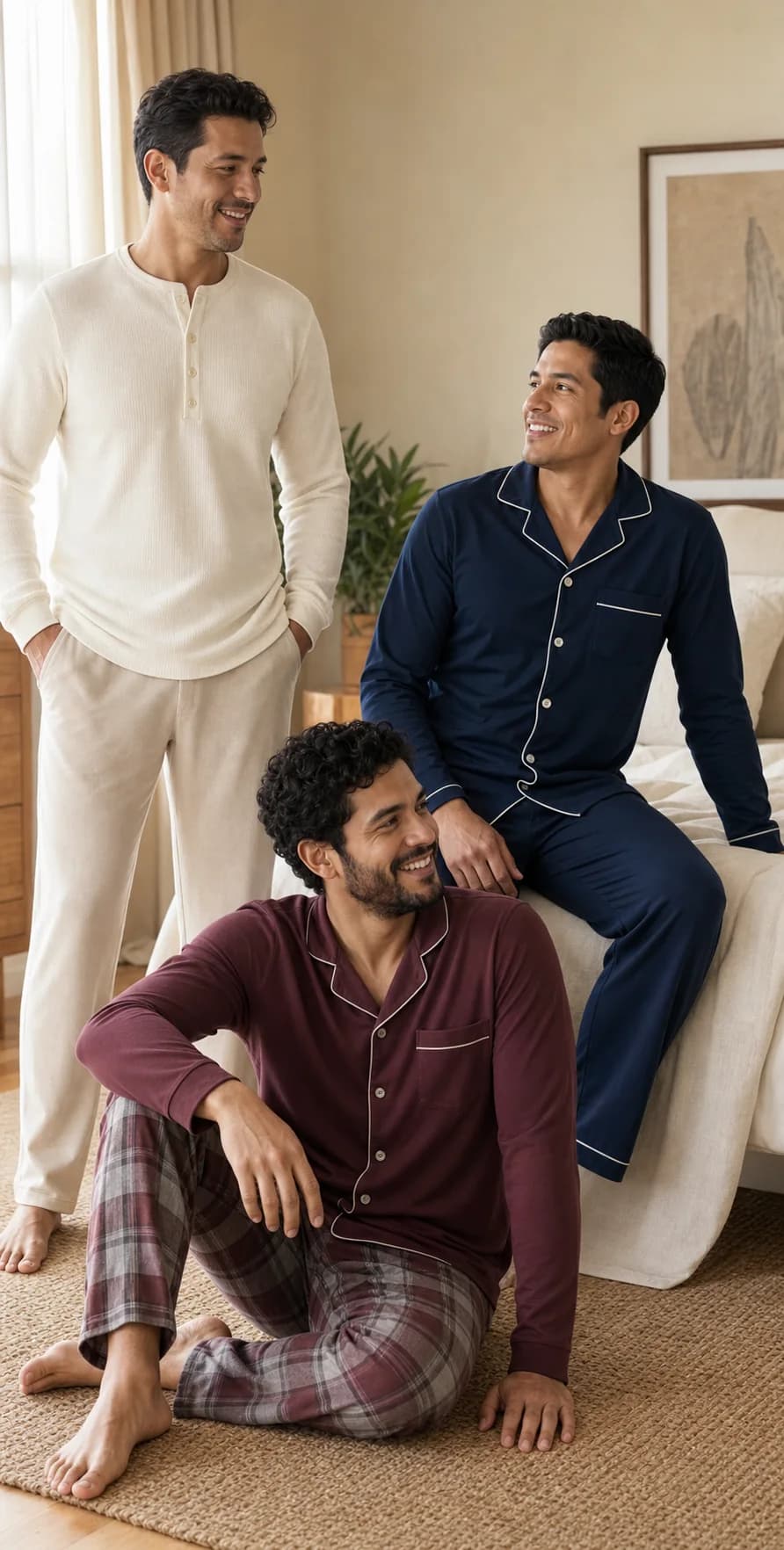 Tres hombres luciendo pijamas cómodos de Lily